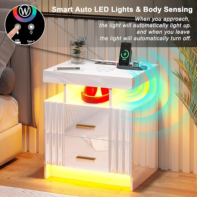 Nightstand with Wireless Charging Station, Bedroom Bedside Table with RGB Lights, Smart Night Stand with 2 Drawers, Bedside Tables Modern Bedside Table for Bedroom, Living Room(White)