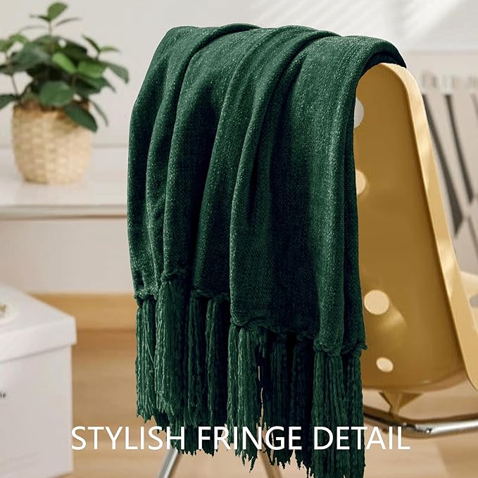 Chenille Throw Blanket for Couch 60"X 80" Twin, Soft Cozy Throws with Fringe Tassel for Bed Sofa Chair Cover, Lightweight Knitted Decorative Boho Blankets for Living Room, Dark Green