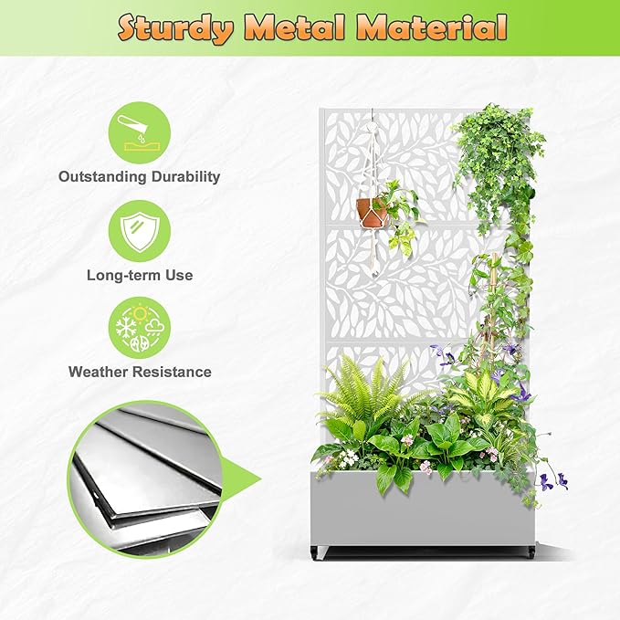 Metal Raised Garden Bed with Trellis, 2 in 1 Trellis with Planter Box & Privacy Screen for Climbing Plants, Vine, Outdoor Standing Flower Beds with Drainage Holes, 35.4"L x 15.7"W x 70.10"H,(White)
