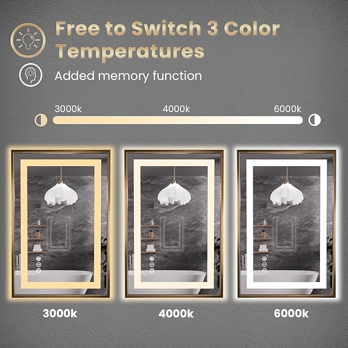 Amorho 36"X30" LED Bathroom Mirror Gold, Metal Framed Mirror with Front Light and Backlit, Stepless Dimmable, Anti-Fog, Shatter-Proof, Memory, 3 Colors
