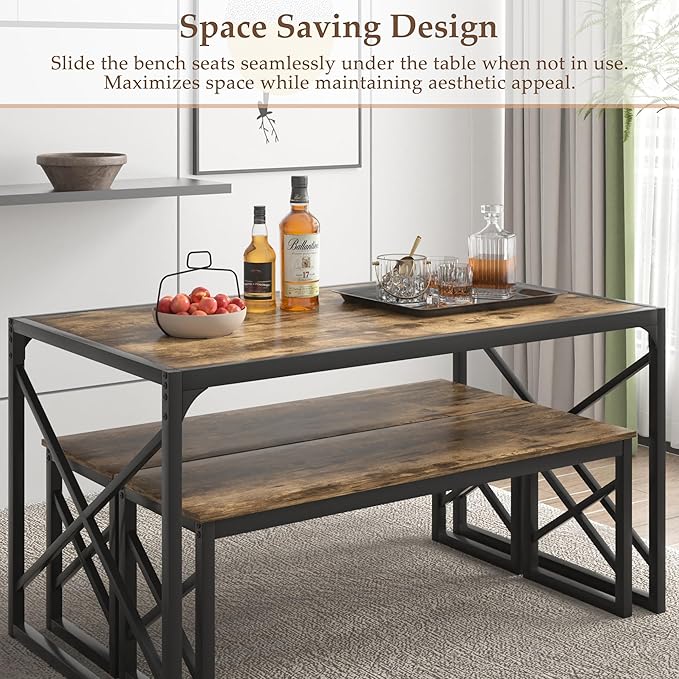 VECELO Kitchen Dining Table Benches Set for 4, 55" Wooden Dinette with 2 Benches, Heavy-Duty Dining Room Table for Small Space, Breakfast Nook, Brown