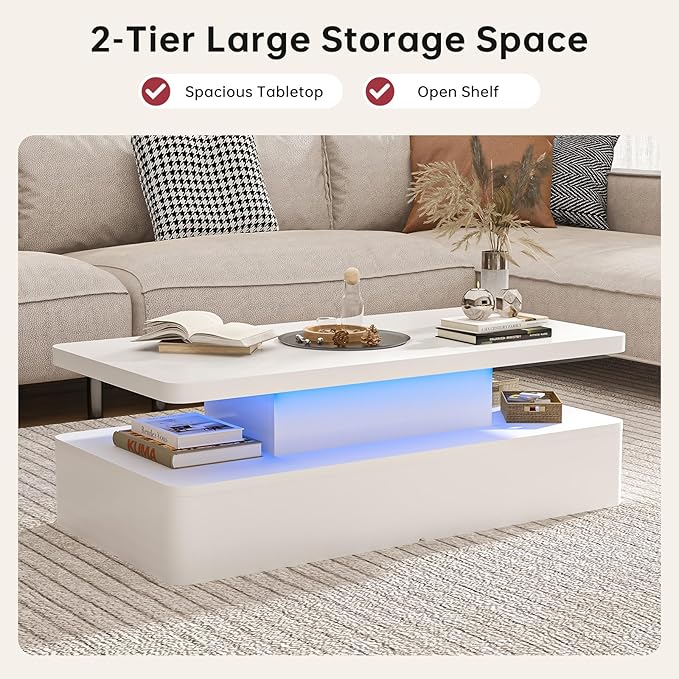 oneinmil Modern LED Coffee Table, 47" Living Room Tables with Double-Layer Design, 16 Colors LED Lights, Stylish Coffee Tables for Living Room, Home, Office, White
