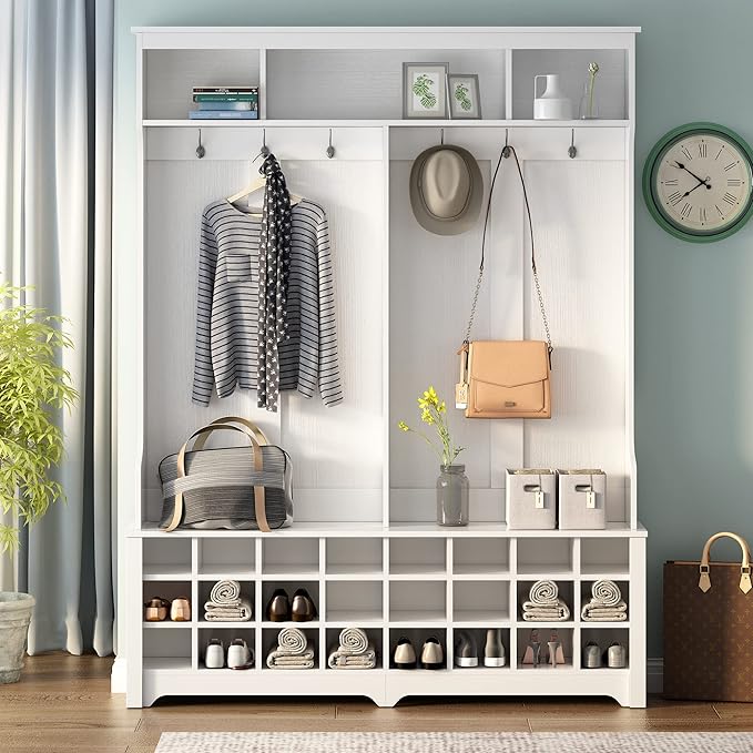 Modern Style Multiple Functions Hallway Coat Rack with Metal Black Hooks, Entryway Bench 60" Wide Hall Tree with Ample Storage Space and 24 Shoe Cubbies (White)