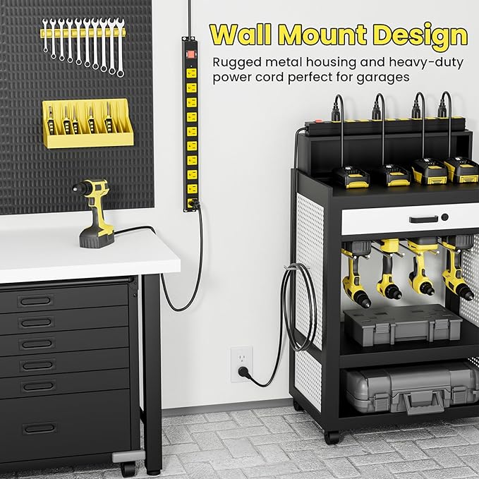 10 Outlet Metal Power Strip with 2100J Surge Protector, Heavy Duty 15FT Extension Cord, Wide Spaced Outlets and Wall Mount for Garage, Workshop, Industrial, Home (15ft)