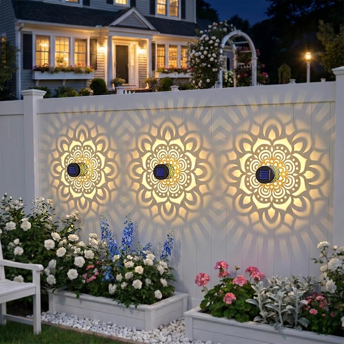 Solar Fence Lights 2 Pack Outdoor Deck Step Wall Lights Metal Waterproof LED Warm Yellow Light for Garden Post Patio Backyard Yard Decor (Mandala-1, 2)