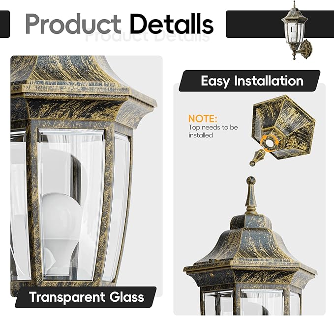 EMART Dusk to Dawn Outdoor Porch Light, Exterior Anti-Corrosion, Waterproof Aluminum & Glass Shades Wall Lamp Fixture, Modern Sconce Lantern for Yard, House, Garage - 2 Pack, Gold （Bulb Included）