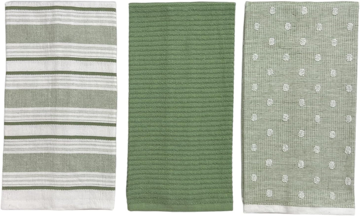 Sage Green White Kitchen Hand Dish Towels: Oversized 28" x 16", 100% Cotton