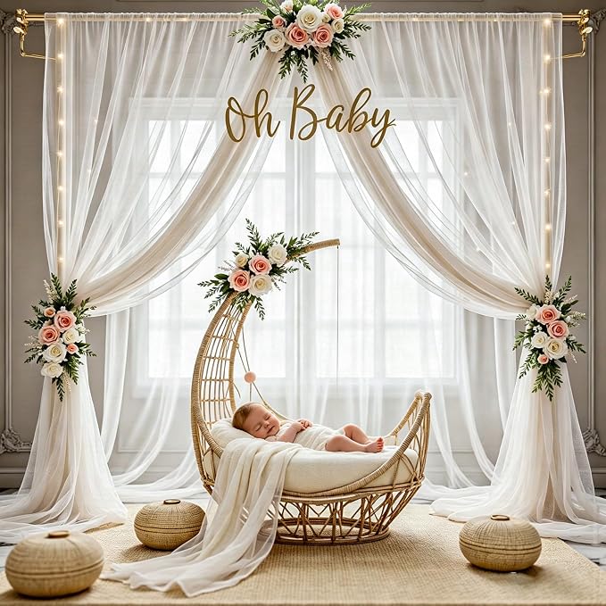 10×10ft White Tulle Backdrop Curtains with Lights String for Wedding Parties Sheer Backdrop Curtain Backdrop for Engagement Bridal Baby Shower Birthday Party Home Decoration 5ft×10ft, 2 Panels