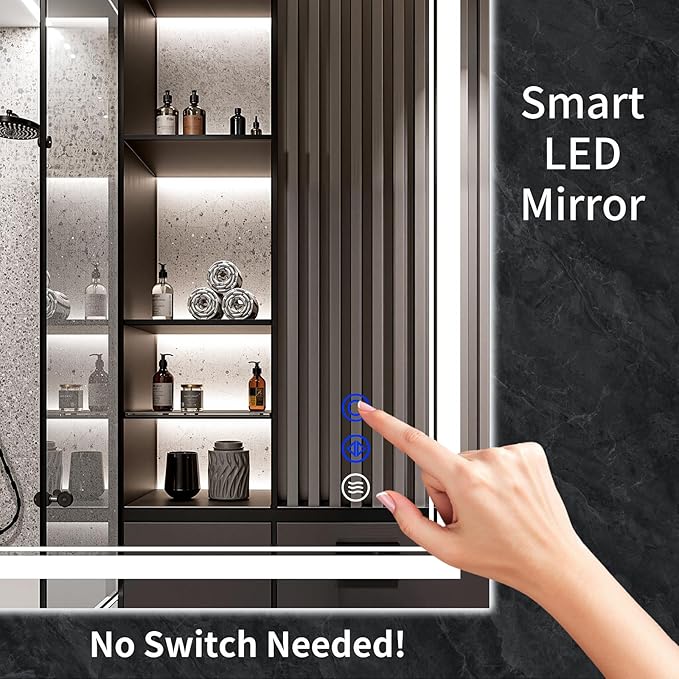 32"x24" LED Bathroom Mirror with Anti-Fog, Stepless Dimmable Lights, 3 Color Modes, Shatter-Proof Tempered Glass,Waterproof Design