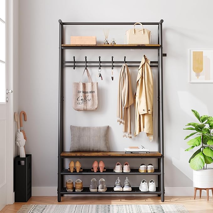 Coat Rack Hall Tree with Shoe Storage Bench, 4-in-1 Entryway Bench with 6 Hooks & 3-Tier Shoe Rack, Metal Frame for Entryways, Freestanding Coat Racks Storage for Entryway, Hallway, Front Door