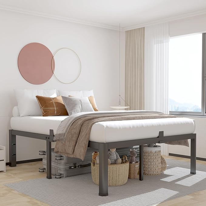 ROIL 14 inch California King Size Bed Frame Metal Platform No Box Spring Needed with Headboard Hole Round Corner Legs Mattress Retainers 3500LBS Heavy Duty Steel Slats Noise-Free Storage