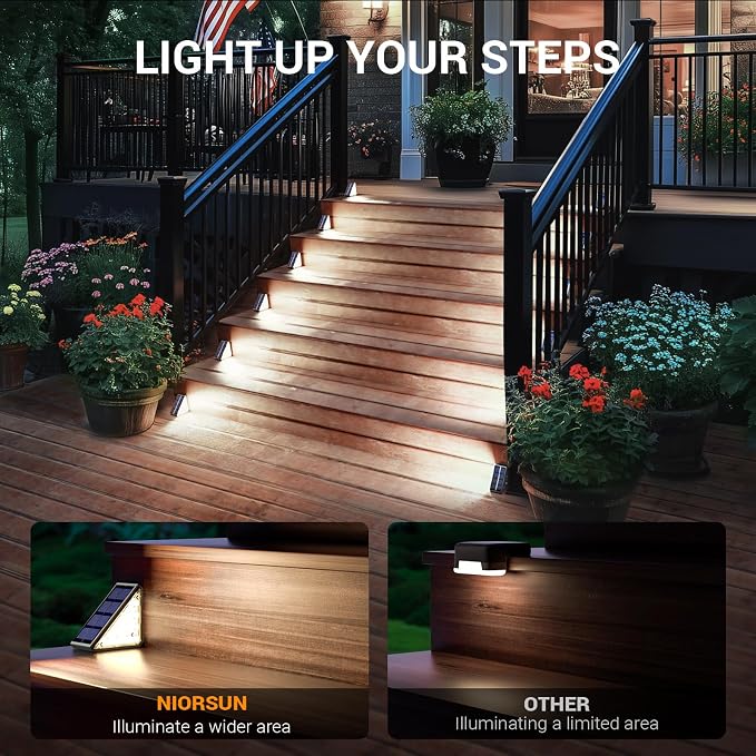 NIORSUN Outdoor Step Lights, 12 Pack Solar Stair Lights Outdoor Waterproof IP67 Auto On Off, Solar Lights for Steps,Stair,Patio,Yard,Porch,Front Door,Sidewalk,Deck Decor,Cool White