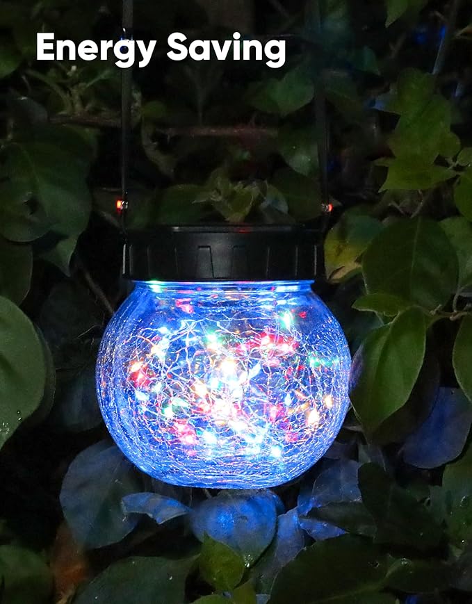 PARTPHONER Solar Lights Outdoor Waterproof 12-Pack, Solar Powered Hanging Lantern Cracked Glass Hanging Globes for Yard Decor Christmas Decoration, Shepherd Hook, Garden Tree Ornaments, RGB