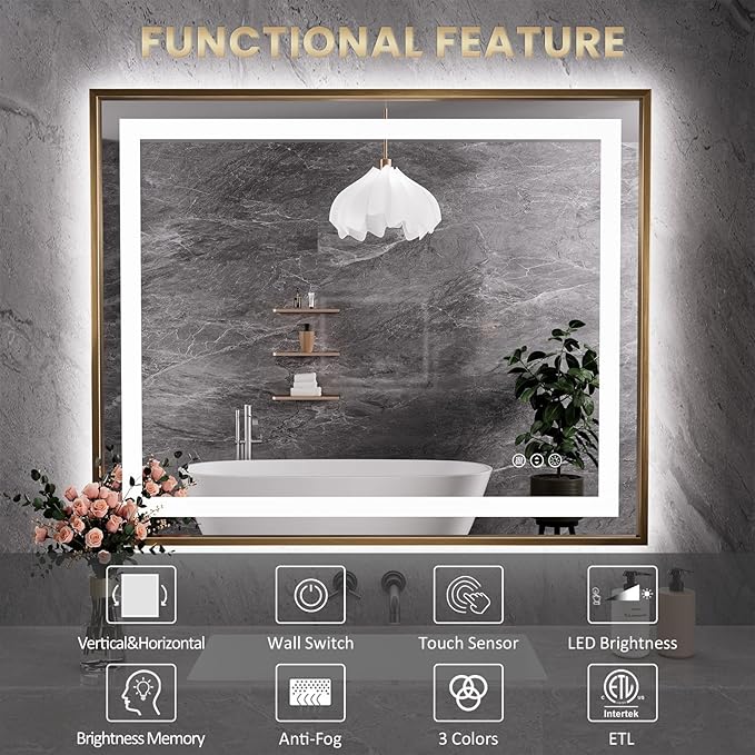 Amorho 36"X30" LED Bathroom Mirror Gold, Metal Framed Mirror with Front Light and Backlit, Stepless Dimmable, Anti-Fog, Shatter-Proof, Memory, 3 Colors