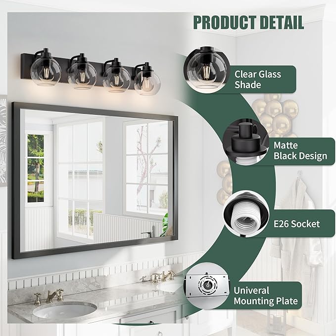 Espird Bathroom Light Fixtures-Matte Black Vanity Lights for Bathroom, Modern Black Vanity Lights 4-Light Bathrooms Lighting Fixtures Over Mirror with Clear Glass Shade
