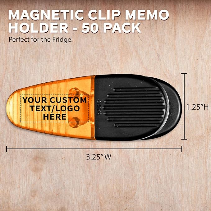 50 Magnetic Memo Holders Set - Customizable Text, Logo - Large Clip, Plastic - Orange