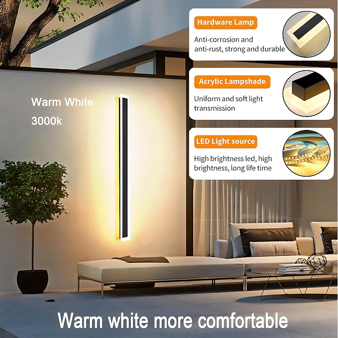2Pack 39inch Long Outdoor Modern LED Wall Light,30W Waterproof IP65 Warm White 110V led Wall Mount Lighting Fixture Rectangular Black Wall Lights Elegant Frosted White Acrylic Anti Rust