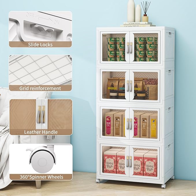 Large Clear Stackable Storage Bins with Lids, 180QT-45QT*4Tier Foldable Cabinet for Closet Organizers, Plastic Storage Box with Wheels White