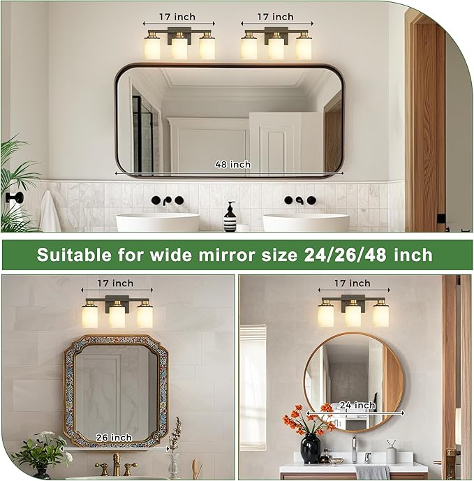 DORESshop 17 Inch Bathroom Light Fixtures, 3-Light Black and Gold Bathroom Lighting Fixtures Over Mirror with Milk Glass Shade, Vanity Lights for Living Room Bedroom
