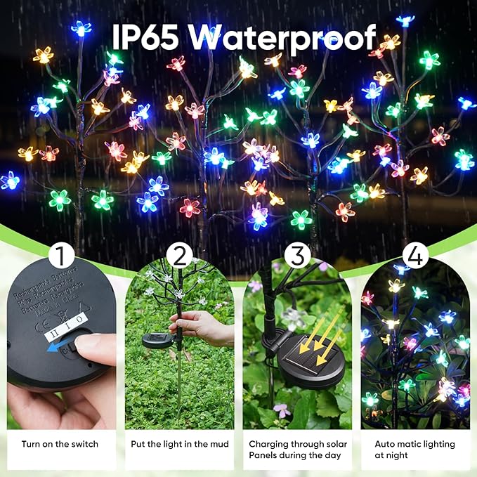 Solar Garden Lights Waterproof, Solar Outdoor Lights Decorative 4Pack, 80Led Solar Powered Flowers Garden Decor, Outdoor Fairy Lights for Yard,Pathway,Lawn,Outside,Garden Christmas Decorations