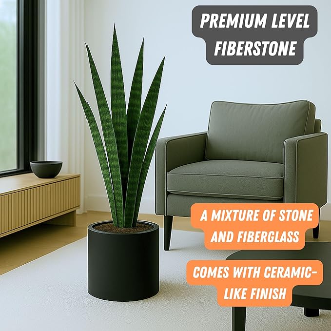 Fox & Fern 10 Inch Black Plant Pot with Drainage Plug — Premium Lightweight Fiberstone Matte Black Planter; 10 Inch Pots for Plants; for Indoor & Outdoor Use; Weather Resistant & UV Resistant