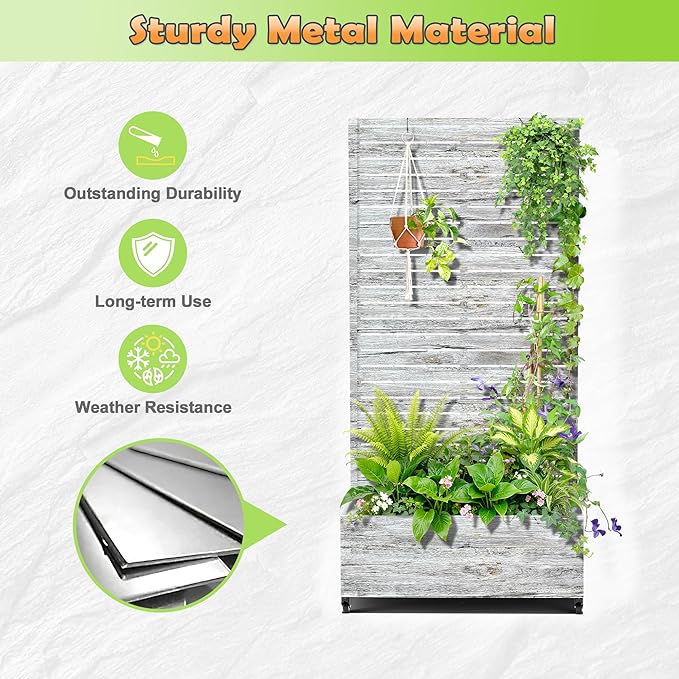 Metal Raised Garden Bed with Trellis, 2-in-1 Planter Box & Privacy Screen for Climbing Plants, Outdoor Standing Flower Bed with Drainage Holes, 35.4" L x 15.7" W x 70.1" H, White Oak Grain