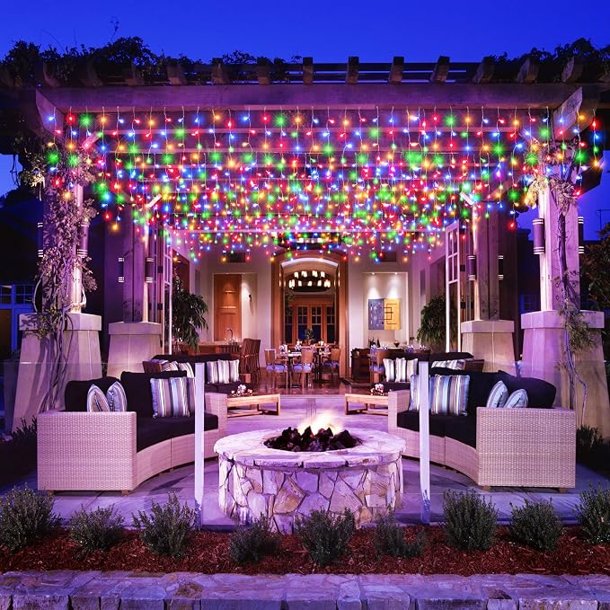 Icicle Lights for Outside - 16.5FT 200 LED Icicle Christmas Lights Outdoor Waterproof, 8 Modes Plug In Connectable Curtain String Light for Indoor Patio Roof Party Holiday Decorations, Multicolor