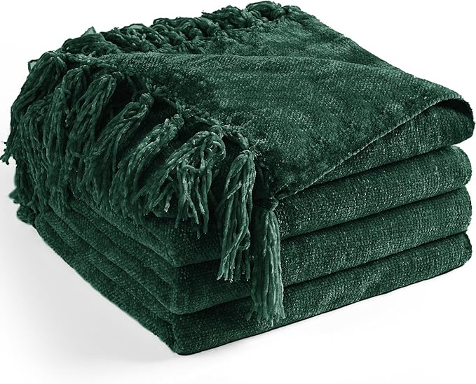 Chenille Throw Blanket for Couch 60"X 80" Twin, Soft Cozy Throws with Fringe Tassel for Bed Sofa Chair Cover, Lightweight Knitted Decorative Boho Blankets for Living Room, Dark Green
