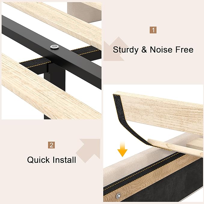VECELO Queen Bed Frame with Upholstered Wingback Headboard, Heavy-Duty Platform Bedframe with Charging Station, Wooden Slats, No Box Spring Needed, Beige