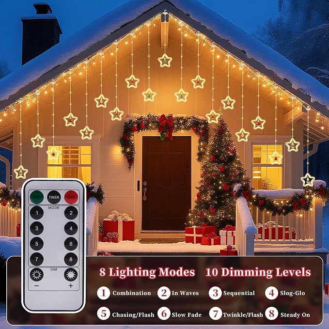 Christmas Star Curtain Lights, Christmas Window Lights Decor with Remote,8 Lighting Modes, IP65 Waterproof, 10 Hooks Christmas Decorations Indoor Outdoor for Bedroom Party Wall Door Window