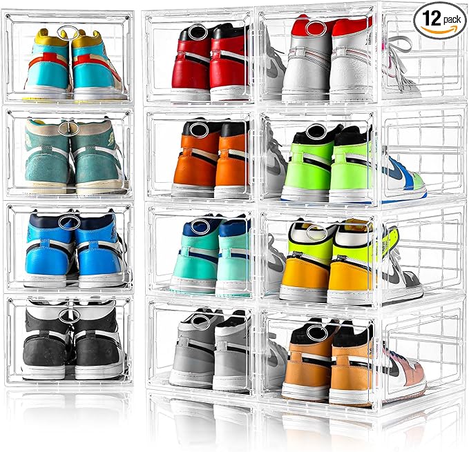 12 Pack Clear Shoe Boxes Stackable,Shoe Storage Boxes for Closet,Sturdy Shoe Box Storage Containers with Clear Door,Sneaker Storage,Easy to Assemble,Fit up to US Size 12(13.8”x 9.84”x 7.1”)