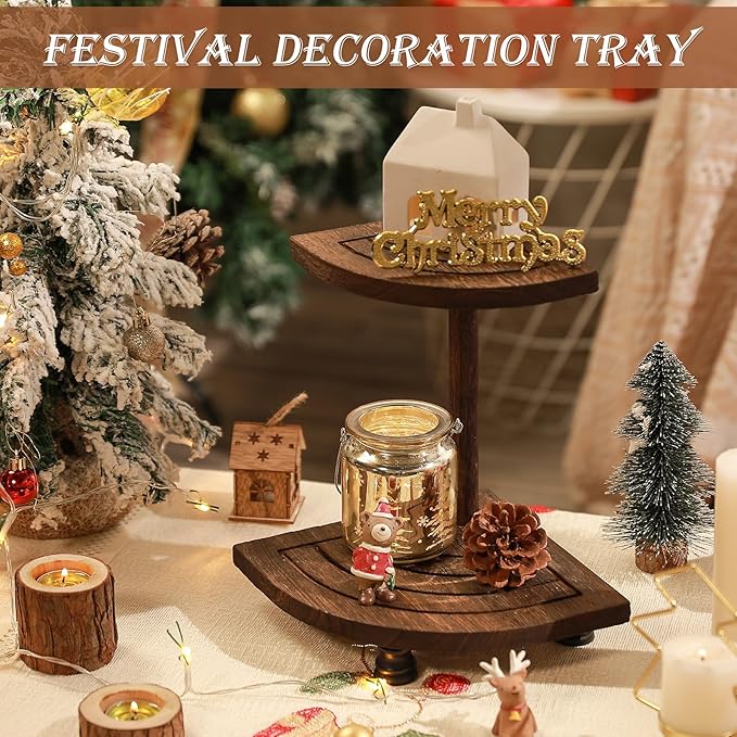 Tikea Decorative Wood Riser for Display, 2-Tier Rustic Corner Shelf for Kitchen Bathroom Counter Decor, Farmhouse Riser for Soap Dispenser and Plant (Brown)
