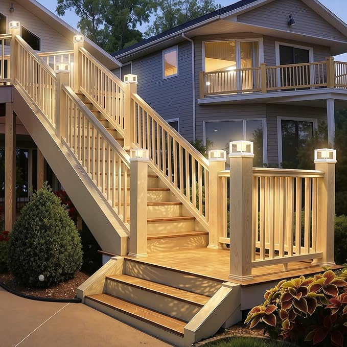 FOLKSMATE Solar Post Cap Lights 8 Pack, 2 Lighting Modes Cool/Warm White Outdoor Solar Powered, Waterproof Fence Deck Lights for 4×4 3.5×3.5 Wood Vinyl Posts, for Garden Patio Porch Decor, White