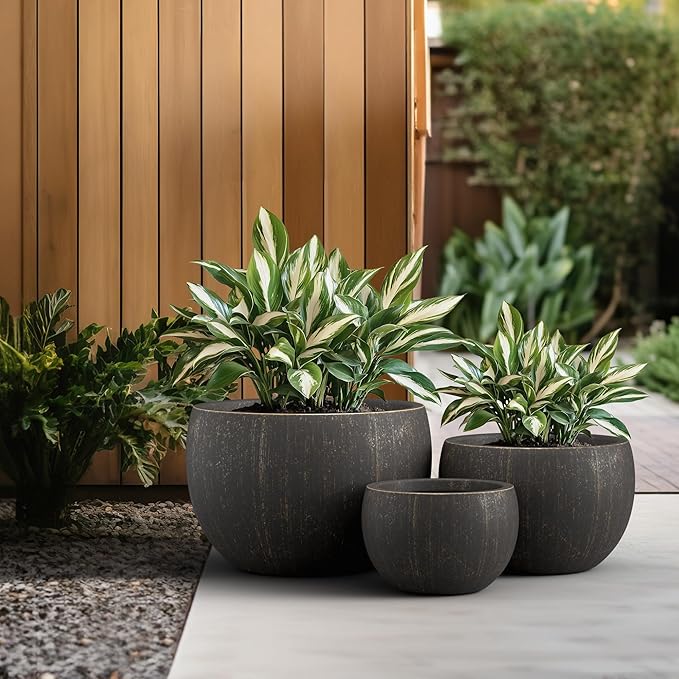 Kante 19.9",15.7",11.8" Dia Round Concrete Planter Set of 3, Outdoor/Indoor Large Bowl Plant Pots with Drainage Hole and Rubber Plug for Garden Patio Balcony Home, Oil Rubbed Bronze
