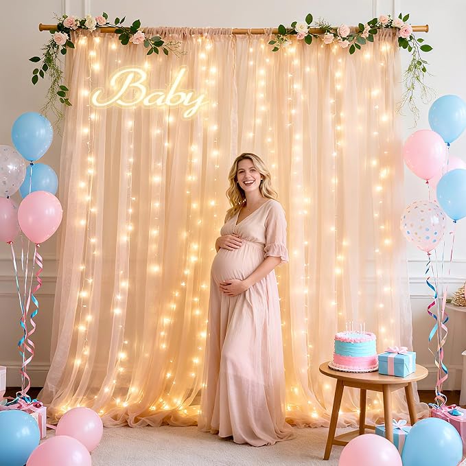 Ledido 3 Pack 10×8ft Champagne Tulle Backdrop Curtain with Lights String - 900LED Fairy Light Sheer Curtain Backdrop for Wedding Baby Shower Photo Shoot Birthday Party Decor(6 Panels 5×8ft)，Champagne