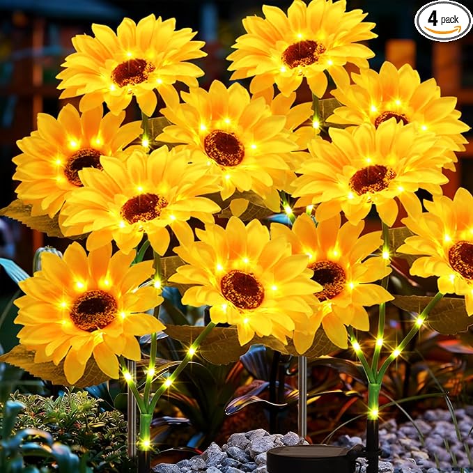 4Pack Sunflower Solar Lights Outdoor Waterproof Stake Light for Pathway | 12 Bigger Sunflower,Auto ON/Off,Garden Decorative Lights for Lawn Landscape Birthday Gifts for Mom Women