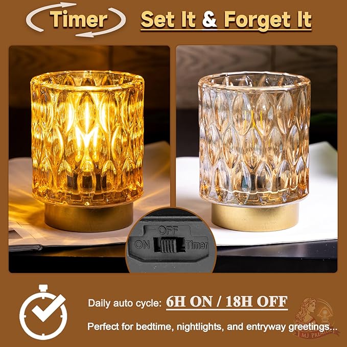 Battery Operated Table Lamps Timer, Mini Crystal Lamp for Area No Plug, Cordless Lamp with LED Bulb for Power Outage, Decorative Lamps for Tabletop/Corner/Entryway/Stairway/Bathroom/Fireplace(2*AMBER)