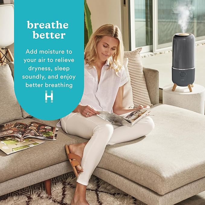 Homedics Ultrasonic Humidifier, Bedrooms and Home Offices, 0.97-Gallon Tank, 45-Hour Runtime, Visible Ultra-Quiet Cool Mist, Aromatherapy, Demineralization Cartridge, Night-Light, Auto-Off, Platinum