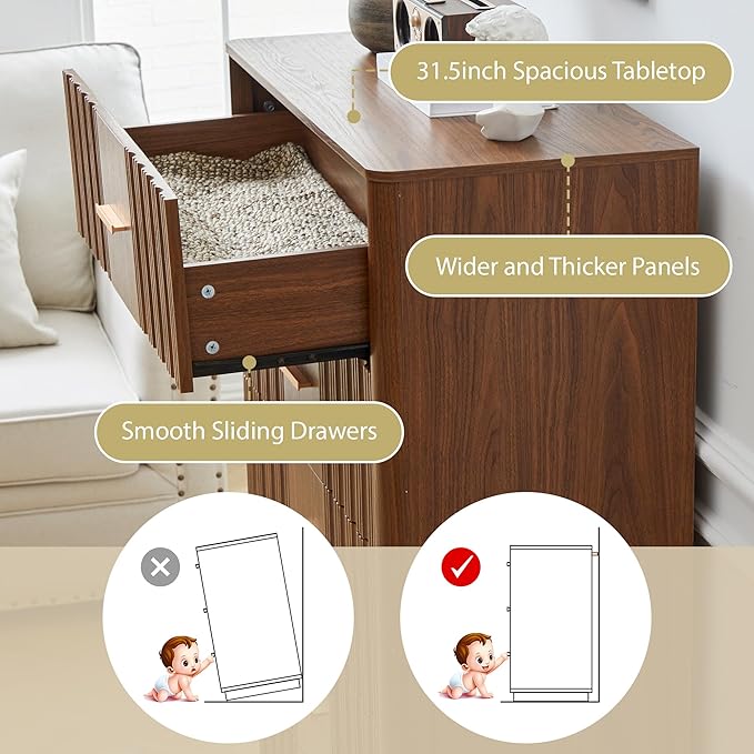 Fluted 5 Drawers Dresser for Bedroom, Wooden Tall Storage Dresser TV Stand, Curved Profile Modern Chest of Drawers, Wood Closet Clothes Storage Organizer for Living Room Hallway,Walnut 2 Sets