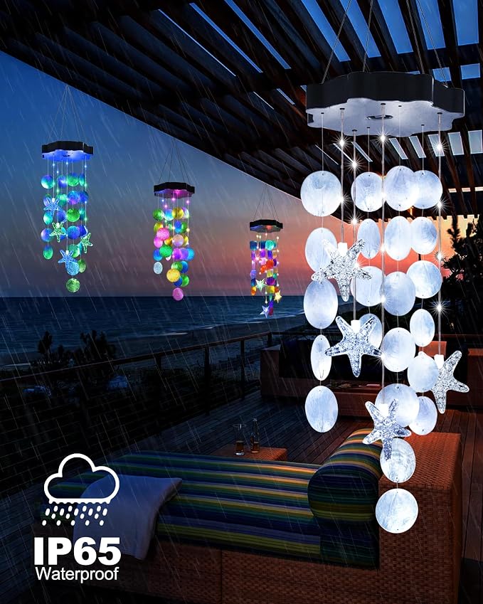 Toodour Solar Wind Chimes for Outside, Shells Light Gifts for Mom Grandma Women Wife Girls, Waterproof Solar Outdoor Decorative Mobile Light for Holiday Garden Porch Yard Window Outdoor Decor (White)