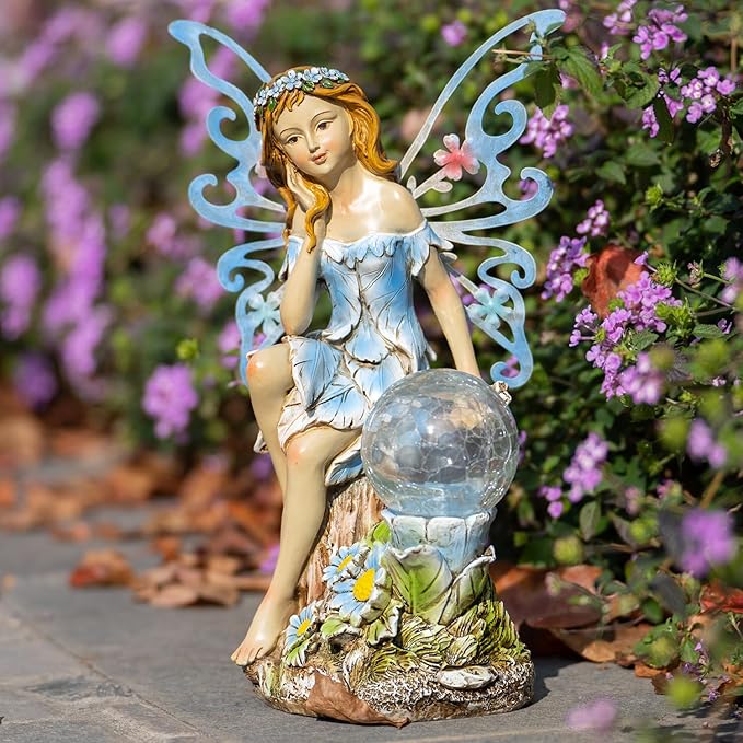 Garden Fairy Decor,Solar Outdoor Statues, Fairy Garden Accessories, Fairy Figurine for Outside Gifts,Resin Ornaments for Patio Yard Lawn,Size6.89 x 5.24x 12.68 inches