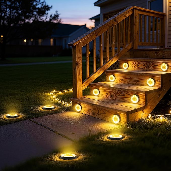 Joomer 2-in-1 Solar Lights Outdoor Waterproof, 4 Pack 8 LED, Warm White | Solar Powered Garden Lights Ground Disc Landscape Lighting for Patio Pathway Lawn Yard Driveway Walkway Deck Step