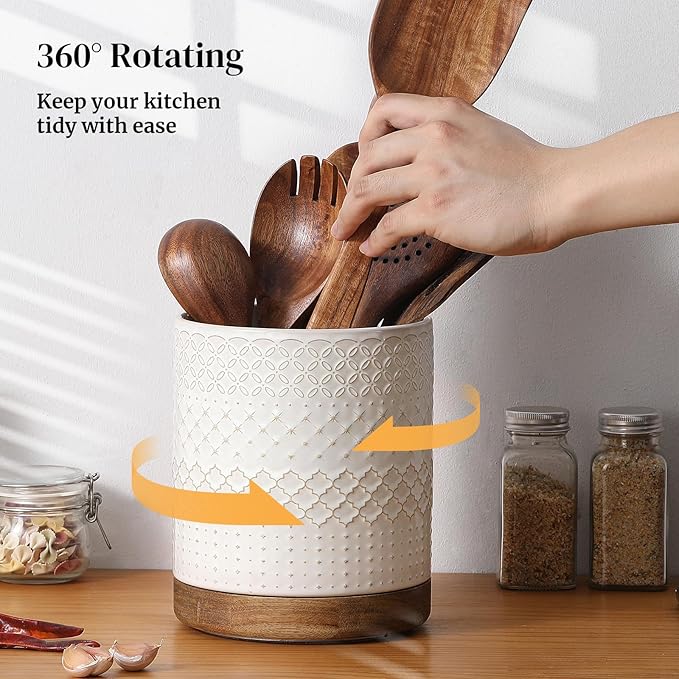 DOWAN 360° Rotating Extra Large Cooking Utensil Holder, 7.6" Kitchen Utensil Holder for Countertop, Utensil Crock for Farmhouse Kitchen Decor, Ceramic Stable Utensil Caddy, White Embossed