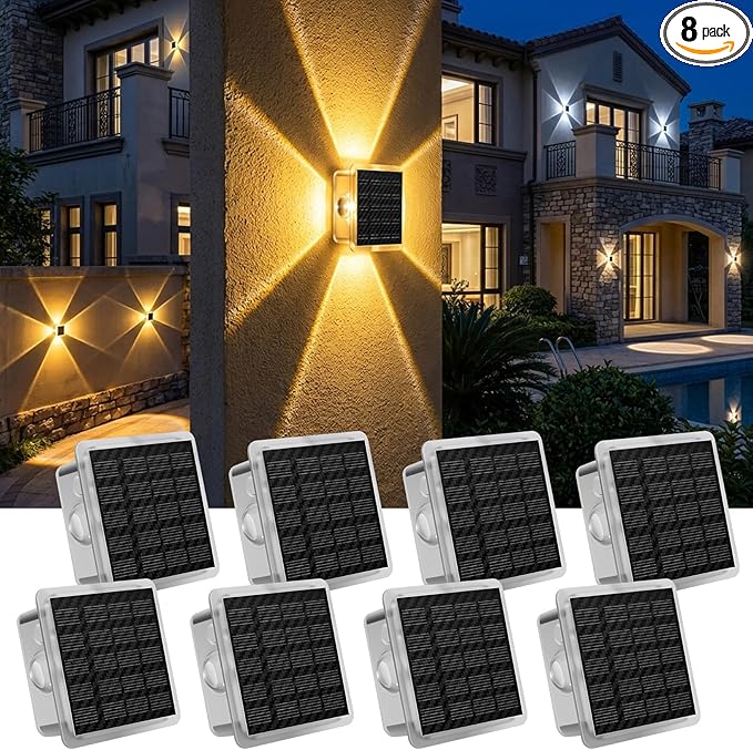 AUDLES Solar Wall Lights Outdoor Waterproof, 4-Sided Glow Solar Fence Lights, 3000K 4000K 6000K 3 Color Temperature Solar Wall Sconce for Garden Patio House Porch Poolside Decor-8 Pack