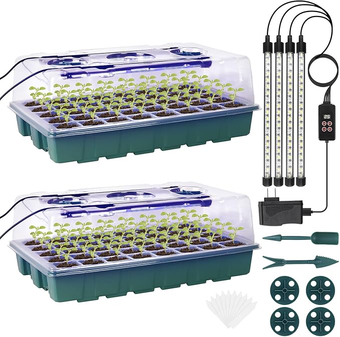 Sondiko Seed Starter Tray with Grow Light, Intelligent Display Digital Controller, 80 Cells Seed Starter Kit with Humidity Dome, Adjustable Brightness Indoor Plants Germination Kit(2 Pack)