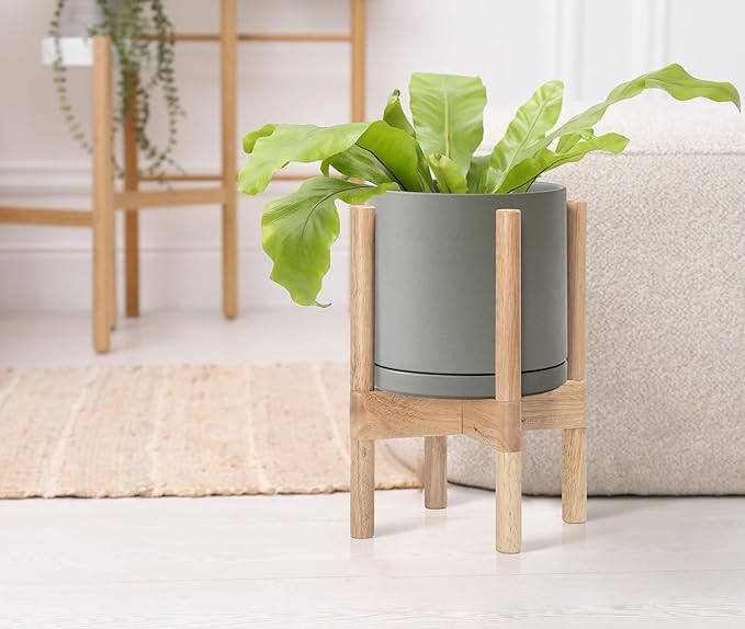 D'vine Dev Ceramic Planter with Natural Stand - 8 Inch Modern Round Flower Pot with Wood Planter Holder, Grey, 55-B-N-3