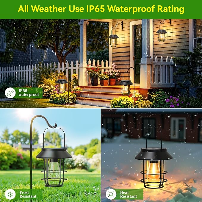 Solar Lanterns Outdoor Waterproof, High Brightness Hanging Solar Lights for Outside with Wall Hooks, Halloween Decor Retro Metal Outdoor Lanterns Auto On/Off for Patio, Yard Decor, Black, 4Pack