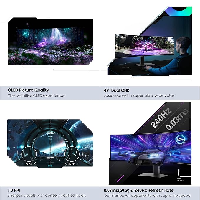 Samsung 49" Odyssey OLED (G93SC) Series Curved Gaming Monitor w QD-OLED, 240Hz, 0.03ms, DQHD, G-Sync Compatible, AMD FreeSync Premium Pro,Height Adjustable Stand,3 Yr Warranty,LS49CG932SNXZA