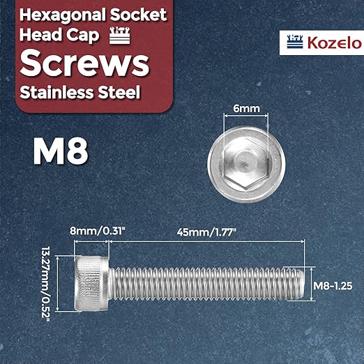 Kozelo 8pcs Socket Head Cap Screws - [M8-1.25 x 45mm] 304 Stainless Steel Allen Socket Drive for Electrical Motor 3D Printing Fan Engine Replacement Use, Silver