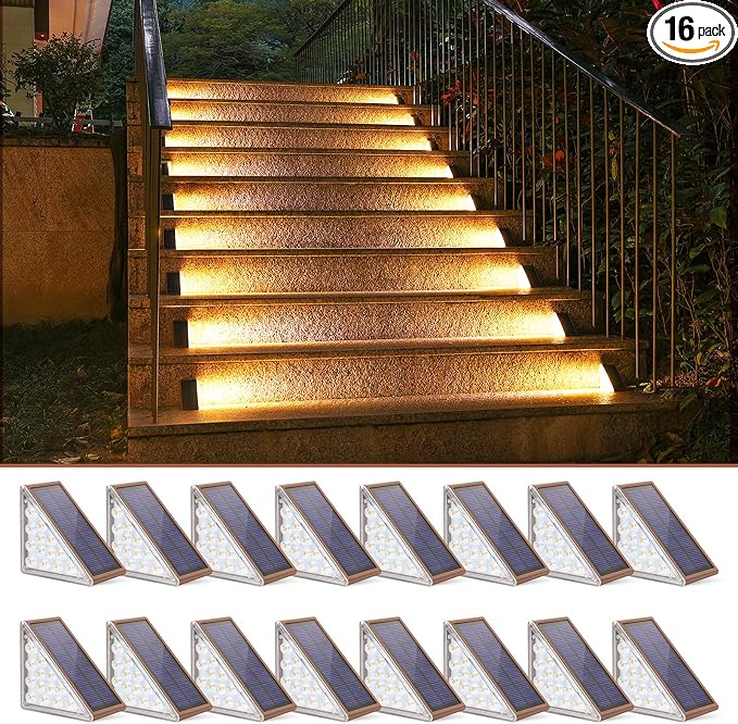 NIORSUN Solar Stair Lights,Warm White Outdoor Step Lights IP67 Waterproof Auto On Off, Outdoor Stair Lights for Steps,Stair,Patio,Yard,Porch,Front Door,Sidewalk,Deck Decor（Brown, 16 Pack）